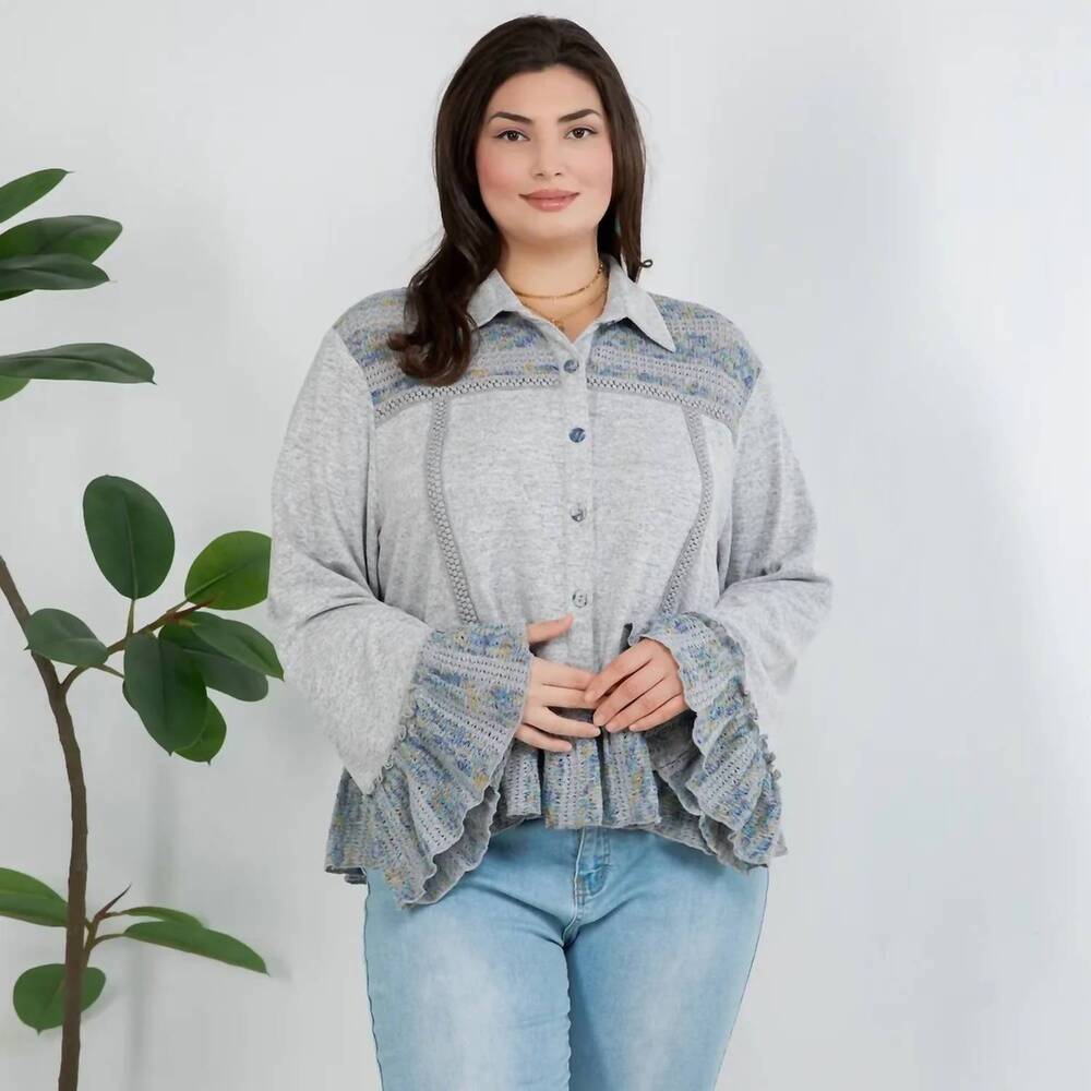 NEW YOUNG THREADS crochet frill knit top in grey